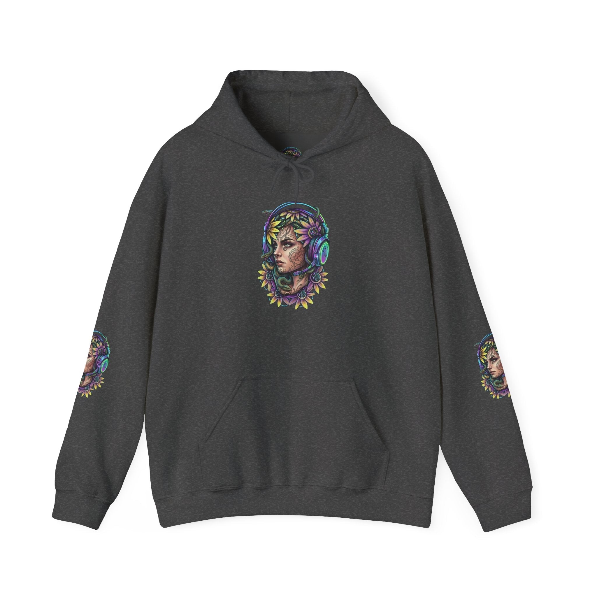 Gamer Goddess Hoodie — Medusa Floral Headphones Portrait All-Over Print Gamer  Goddess Hoodie FRONT