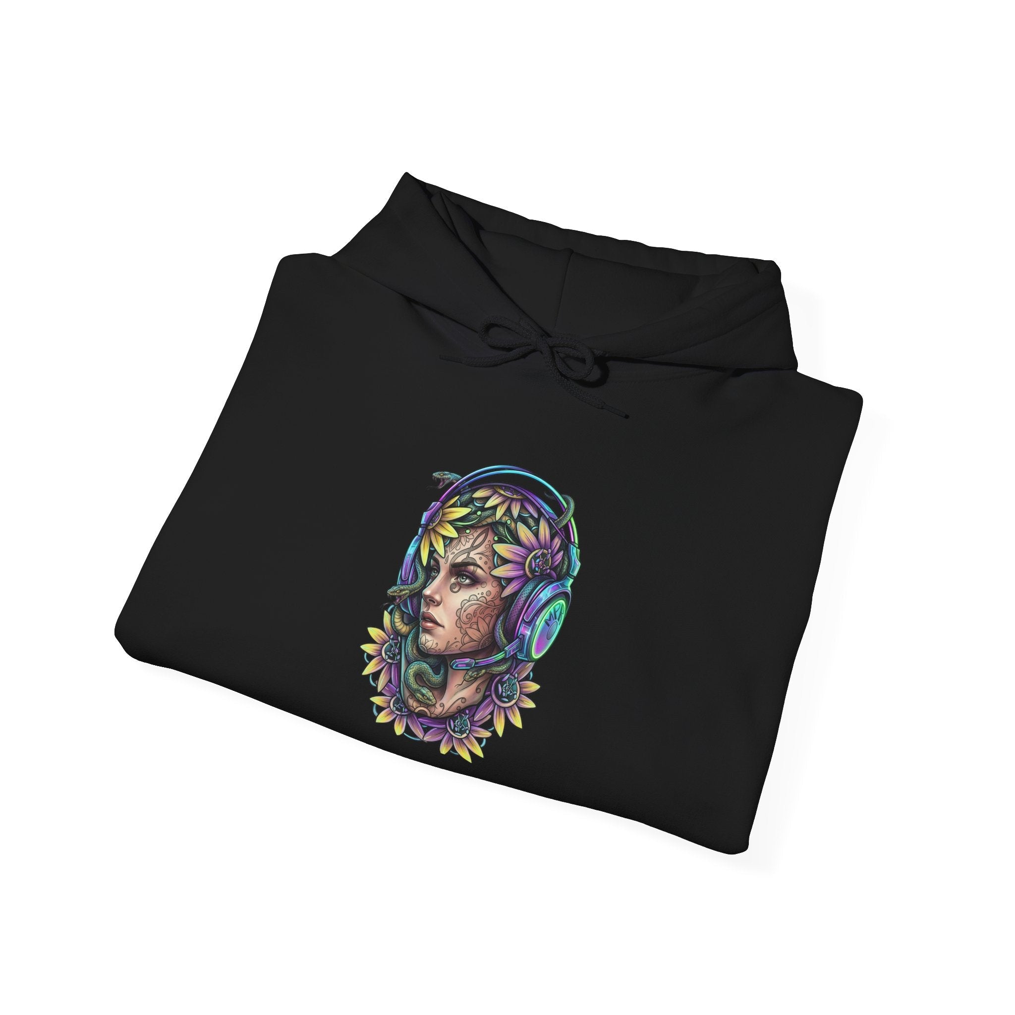 Gamer Goddess Hoodie — Medusa Floral Headphones Portrait All-Over Print Gamer Goddess Hoodie fold