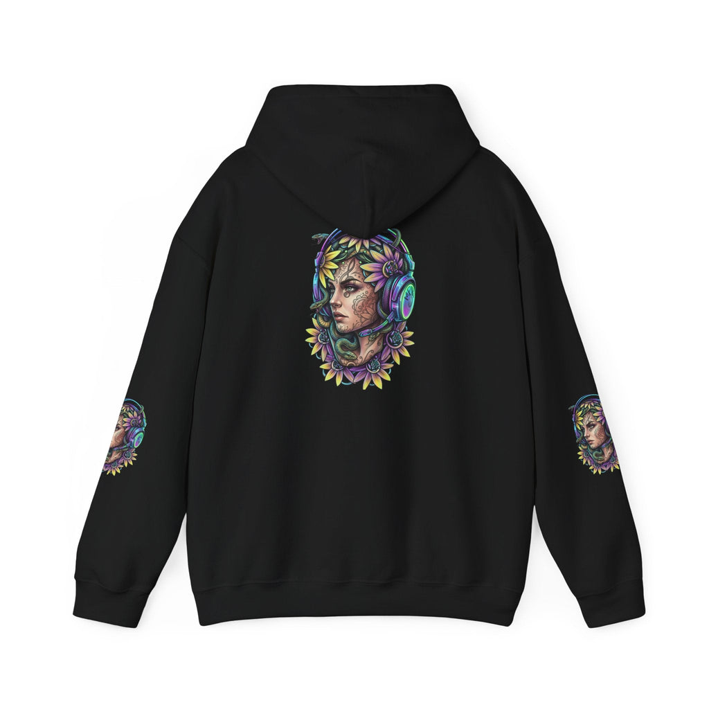 Gamer Goddess Hoodie — Medusa Floral Headphones Portrait All-Over Print Gamer front blACK Goddess Hoodie