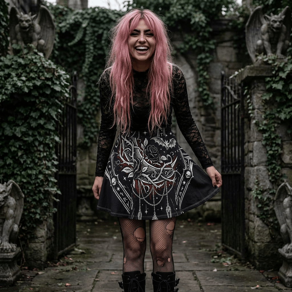 Gothic Rune Rose Skater Skirt — Dark Bat & Thorn All - Over PrintEmber Spirit Apparel