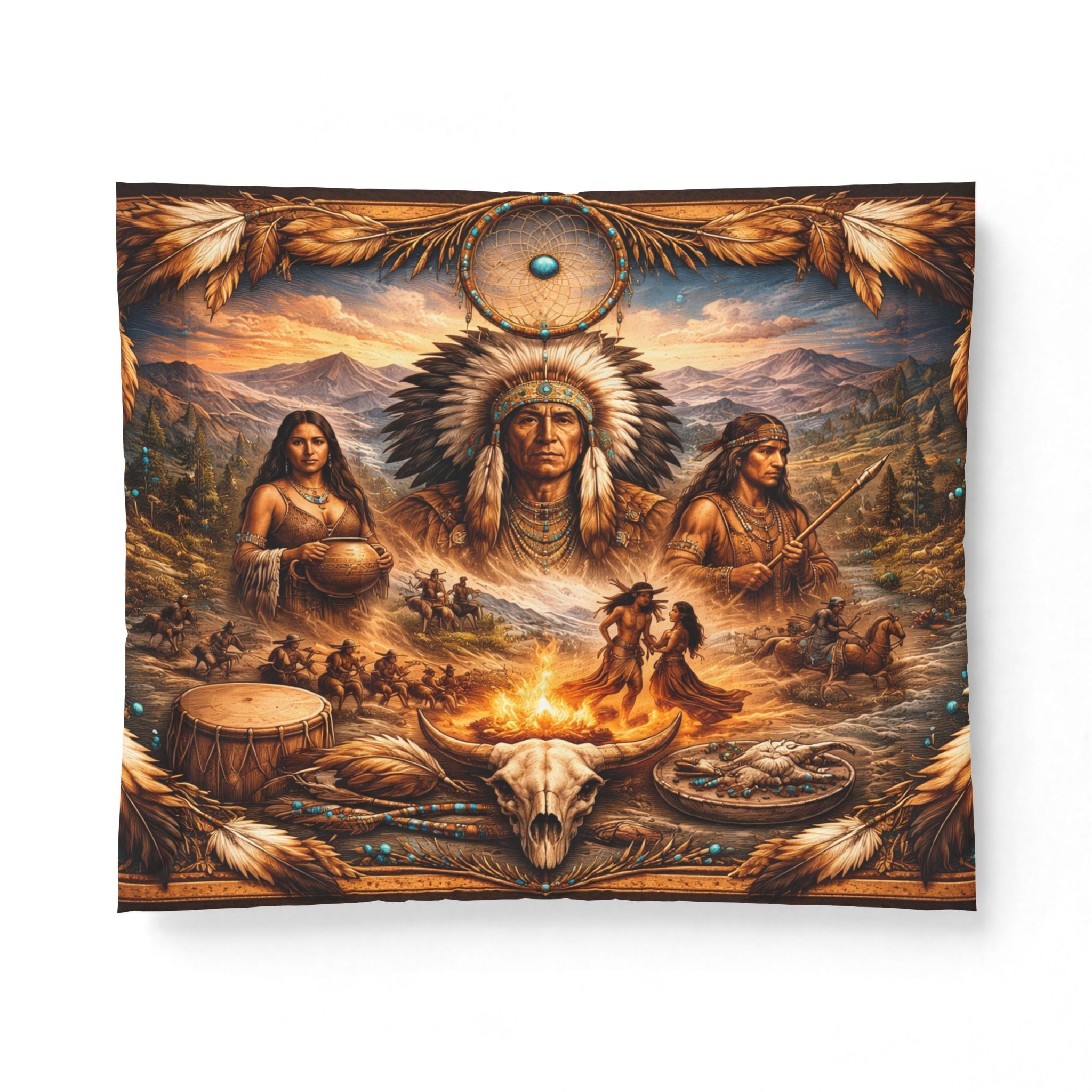 Native Spirit Cotton Comforter – Tribal Campfire Scenic Indigenous Art BeddingEmber Spirit Apparel
