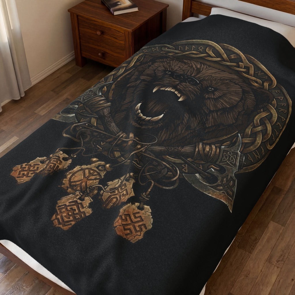 Nordic Bear & Runes Velveteen Plush Blanket — Patriotic Red White & Blue ThrowEmber Spirit Apparel