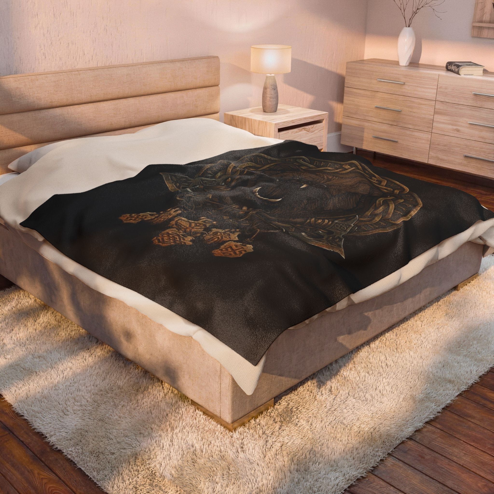 Nordic Bear & Runes Velveteen Plush Blanket — Patriotic Red White & Blue ThrowEmber Spirit Apparel