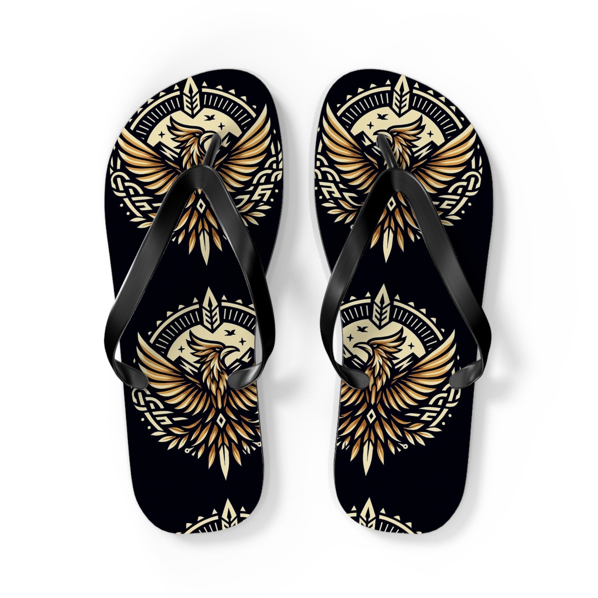 Phoenix Emblem Flip Flops, men's bold eagle graphic beach sandals, front view