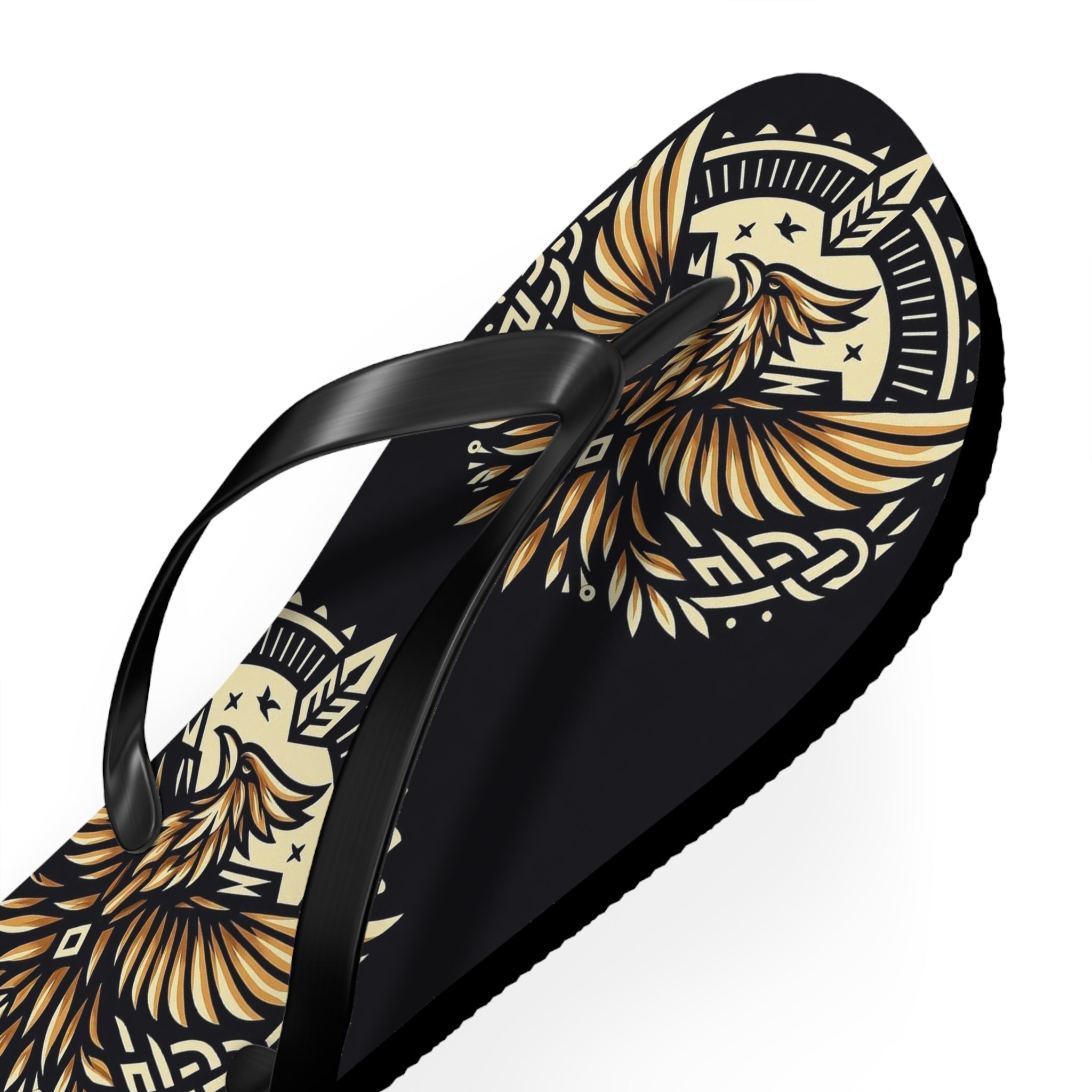 Phoenix Emblem Flip Flops, on-model beach lifestyle shot, warm bold phoenix eagle graphic sandals