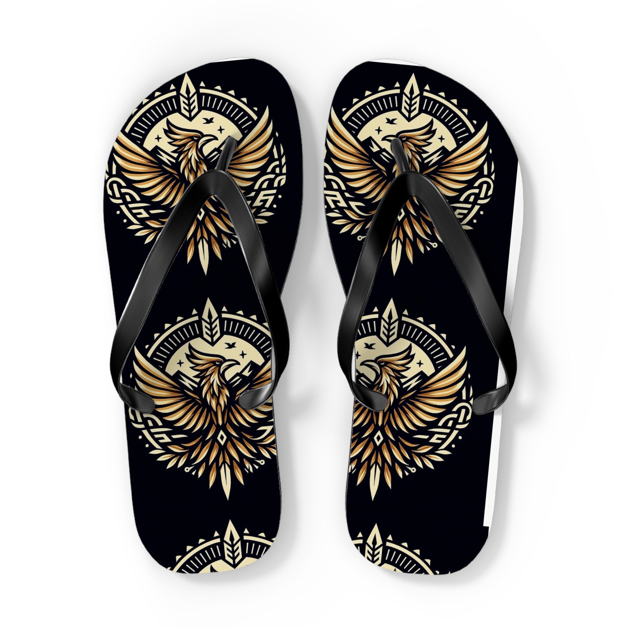 Phoenix Emblem Flip Flops, close-up strap and footbed detail, bold phoenix eagle graphic beach sandals