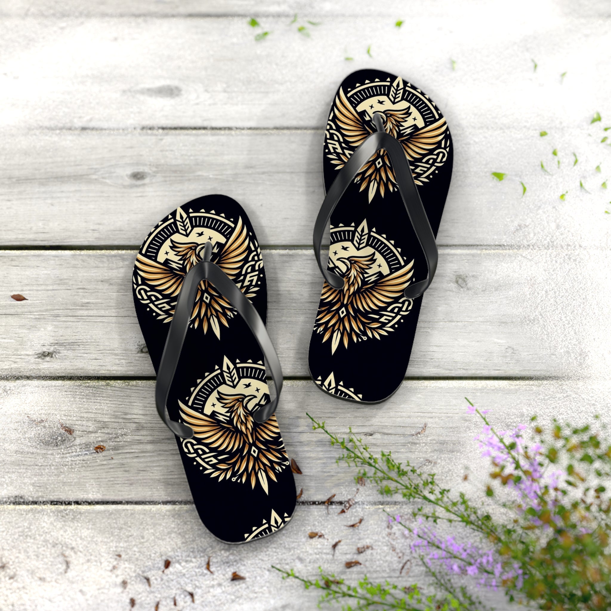 Phoenix Emblem Flip Flops, close-up sole and toe post construction detail, men's eagle graphic beach sandals