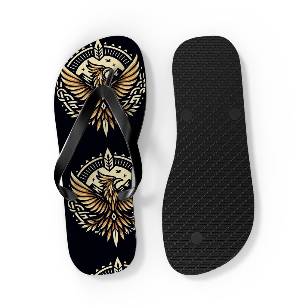 Phoenix Emblem Flip Flops, flat lay product shot, men's bold eagle graphic beach sandals