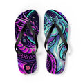 Unicorn Dragon Flip Flops — bold neon galaxy unicorn dragon print, top view