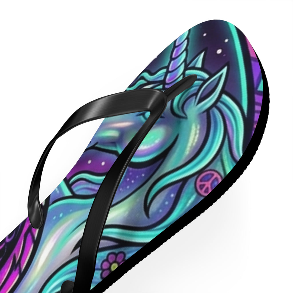 Unicorn Dragon Flip Flops — bold neon galaxy unicorn dragon flip flops, close-up detail