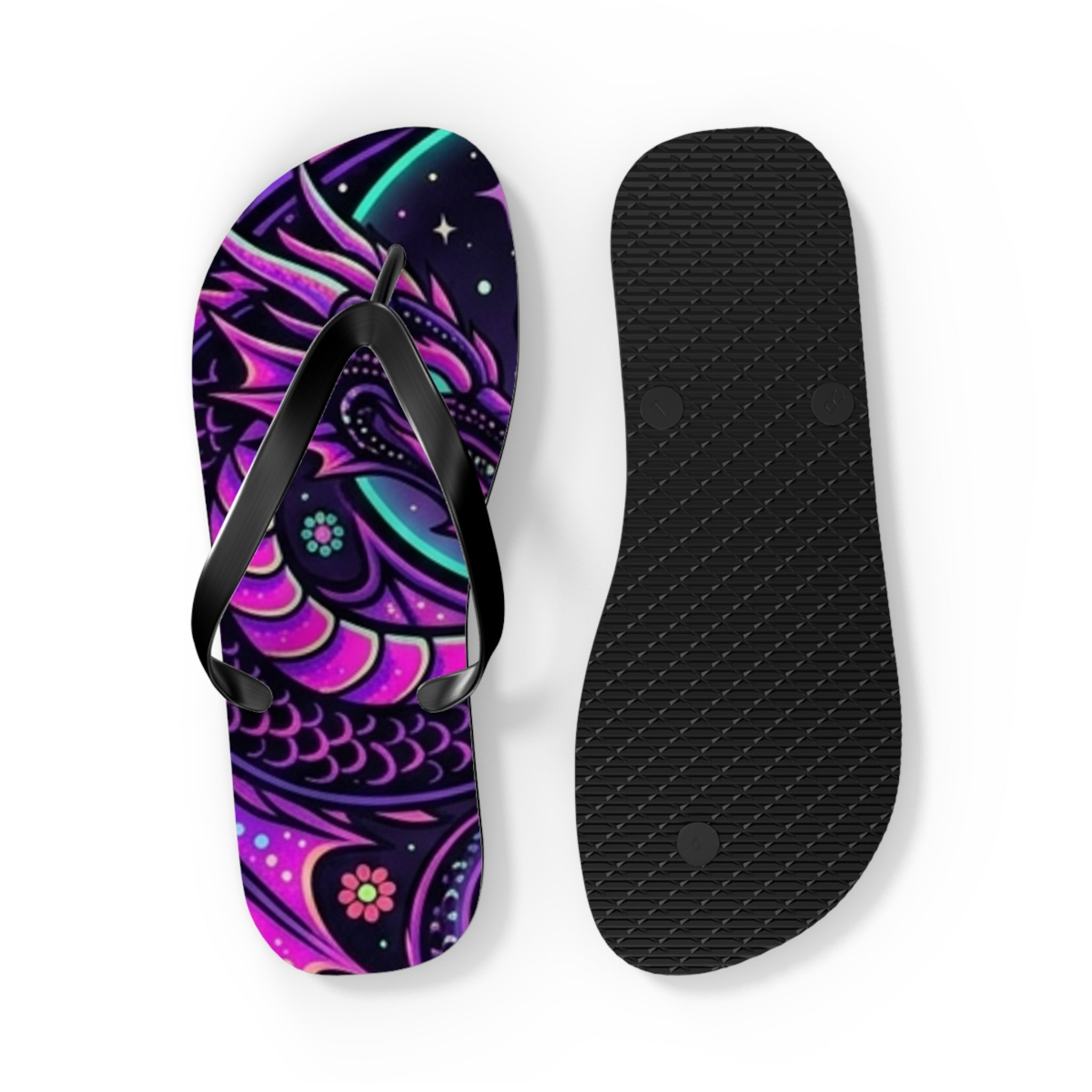 Unicorn Dragon Flip Flops — neon galaxy dragon unicorn beach sandals, side view