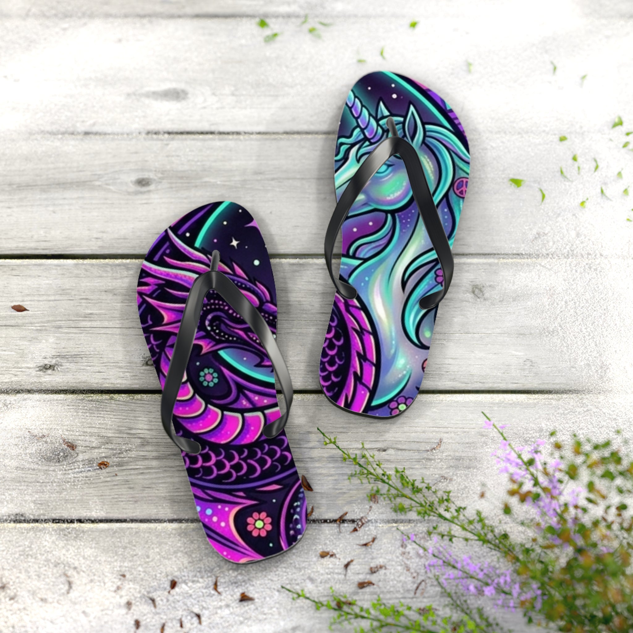 Unicorn Dragon Flip Flops — neon galaxy unicorn dragon graphic sandals, back view