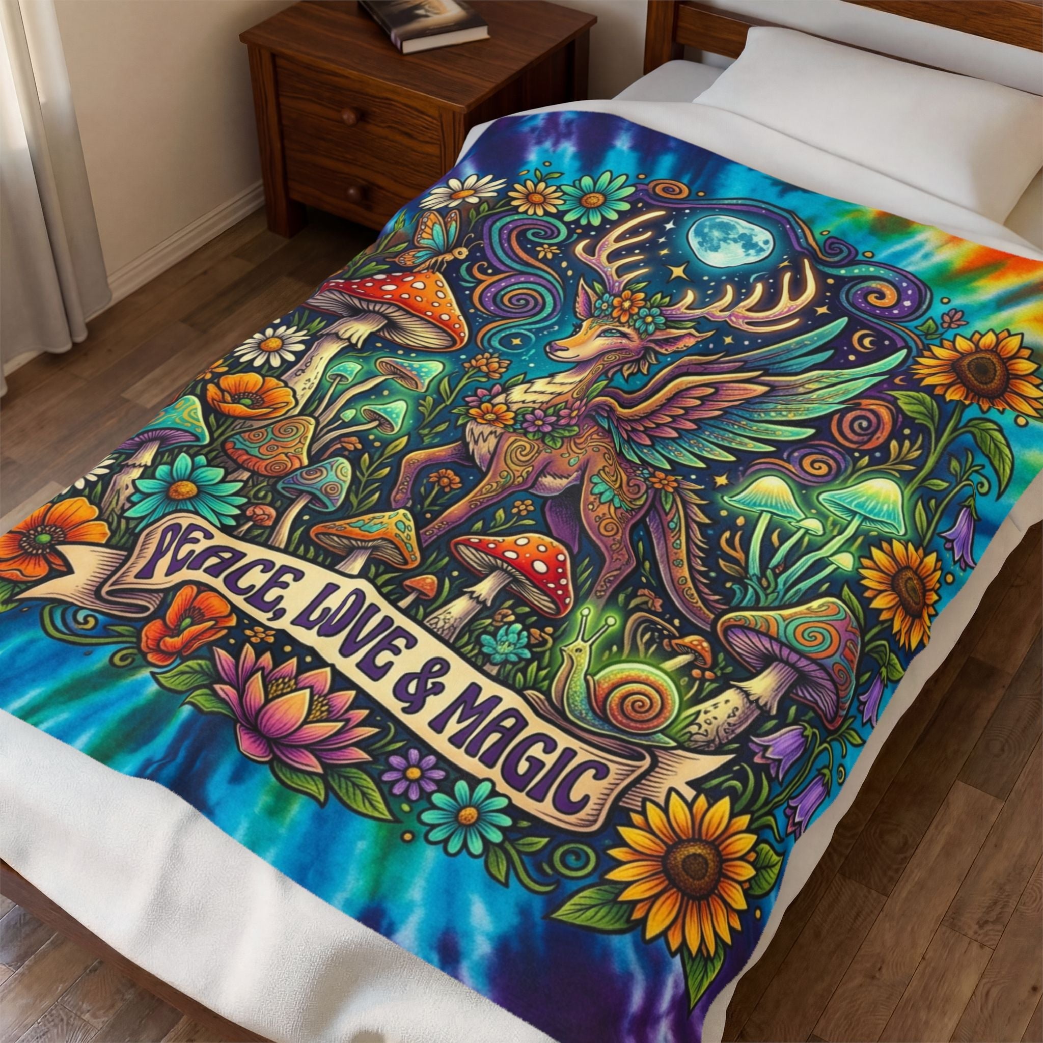 Velveteen Plush Blanket — bold peace love magic print, front view
