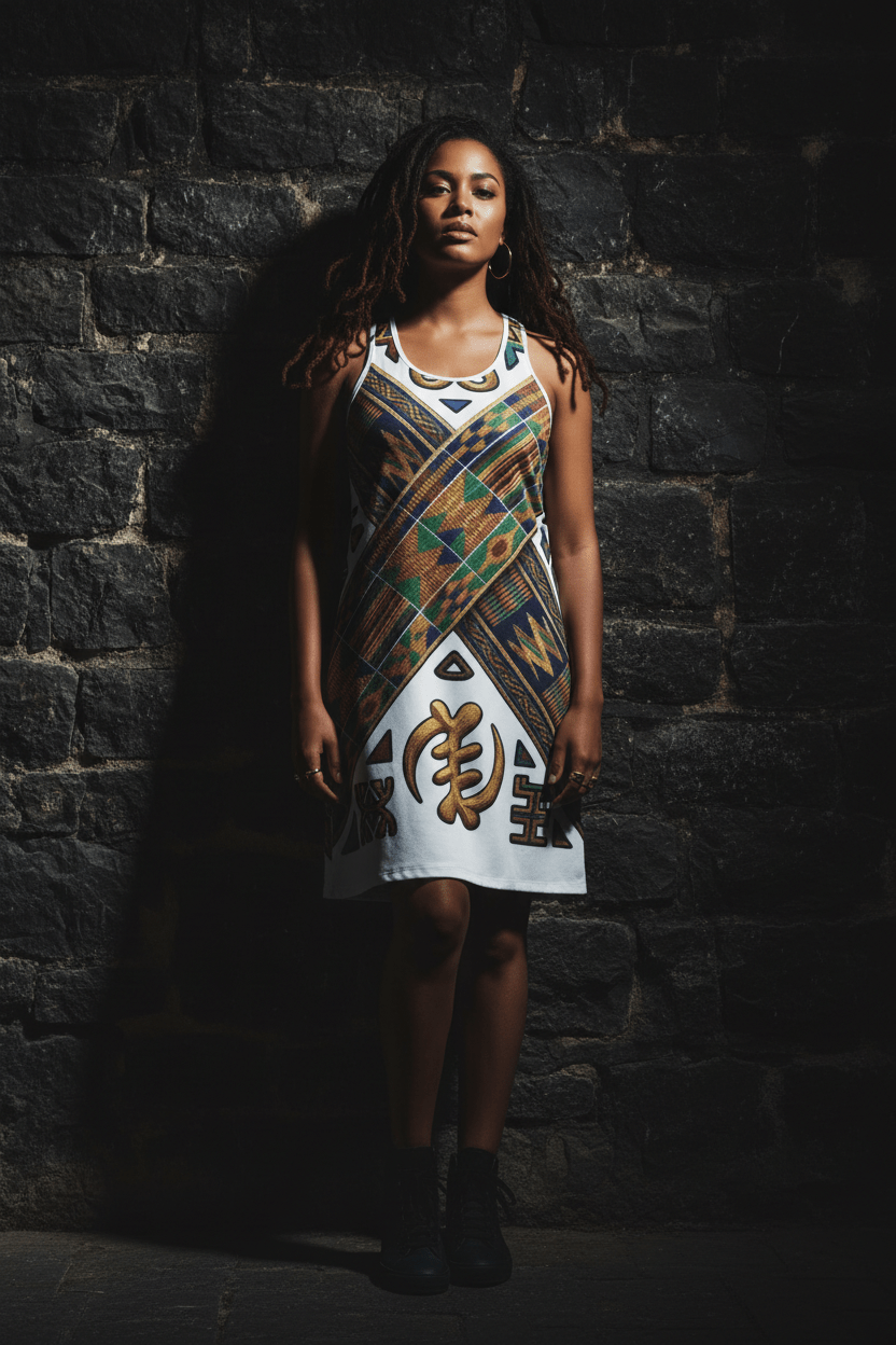 African Roots Racerback Dress – Ancestral Motif All - Over Print Cultural Heritage DressEmber Spirit Apparel