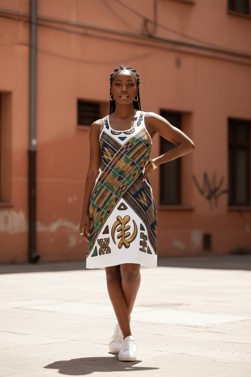 African Roots Racerback Dress – Ancestral Motif All - Over Print Cultural Heritage DressEmber Spirit Apparel