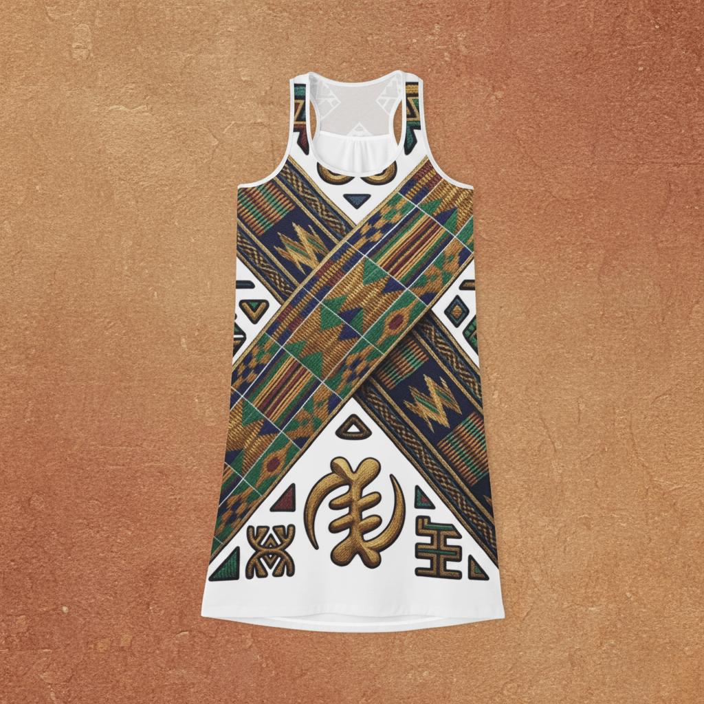 African Roots Racerback Dress – Ancestral Motif All - Over Print Cultural Heritage DressEmber Spirit Apparel