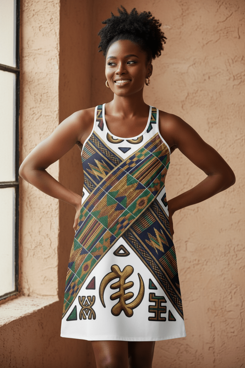 African Roots Racerback Dress – Ancestral Motif All - Over Print Cultural Heritage DressEmber Spirit Apparel