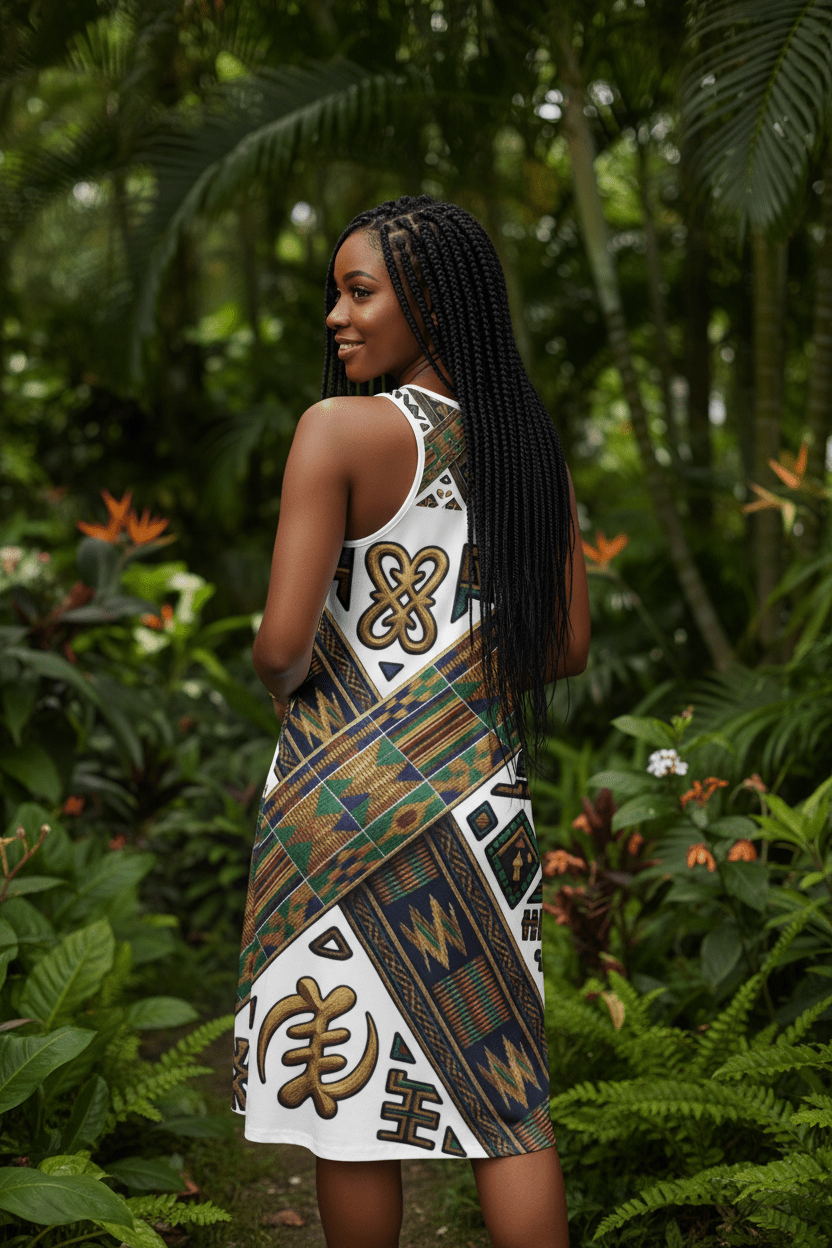African Roots Racerback Dress – Ancestral Motif All - Over Print Cultural Heritage DressEmber Spirit Apparel