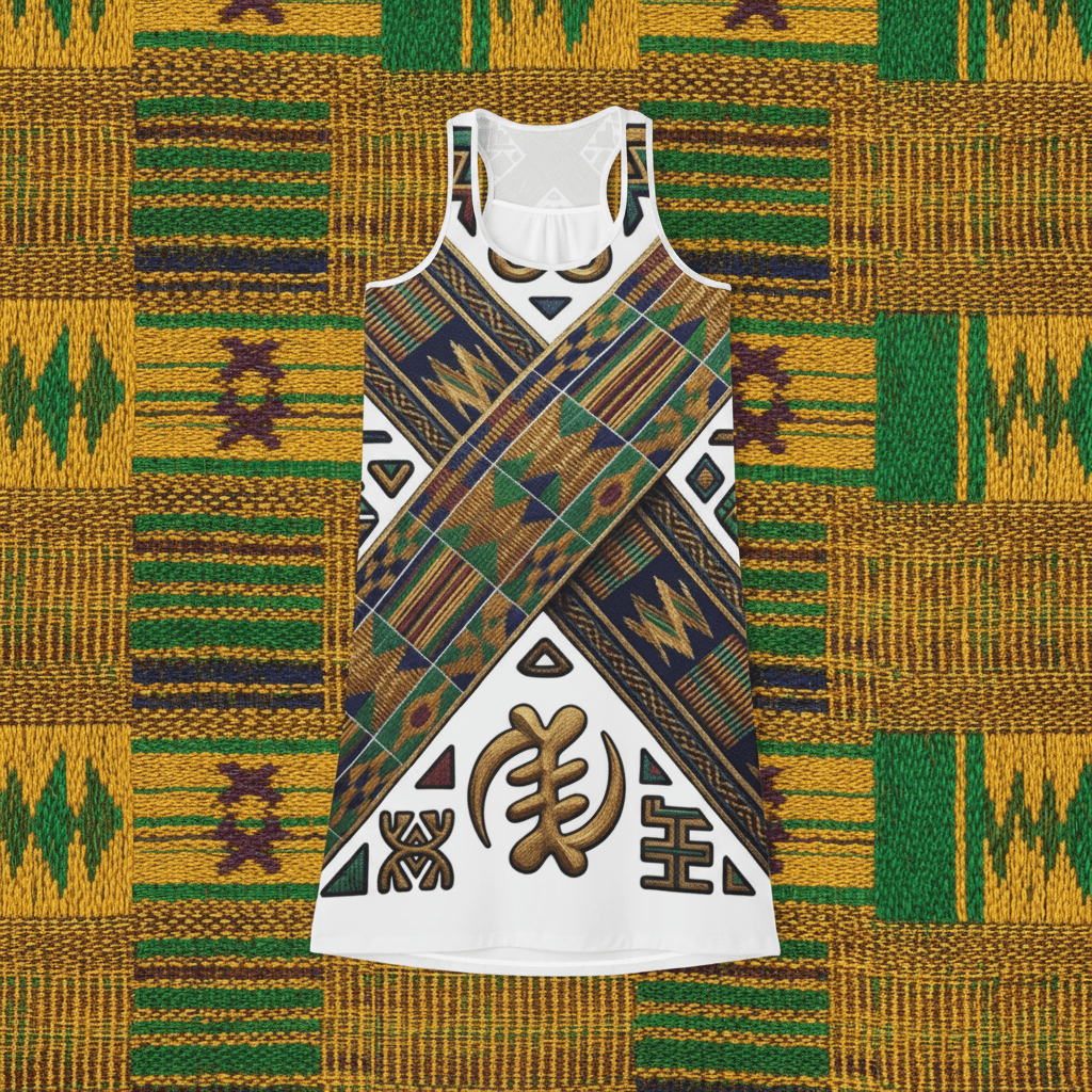 African Roots Racerback Dress – Ancestral Motif All - Over Print Cultural Heritage DressEmber Spirit Apparel