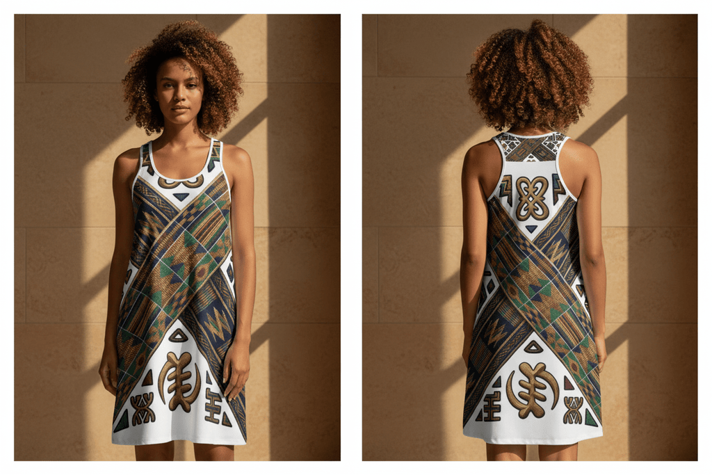 African Roots Racerback Dress – Ancestral Motif All - Over Print Cultural Heritage DressEmber Spirit Apparel