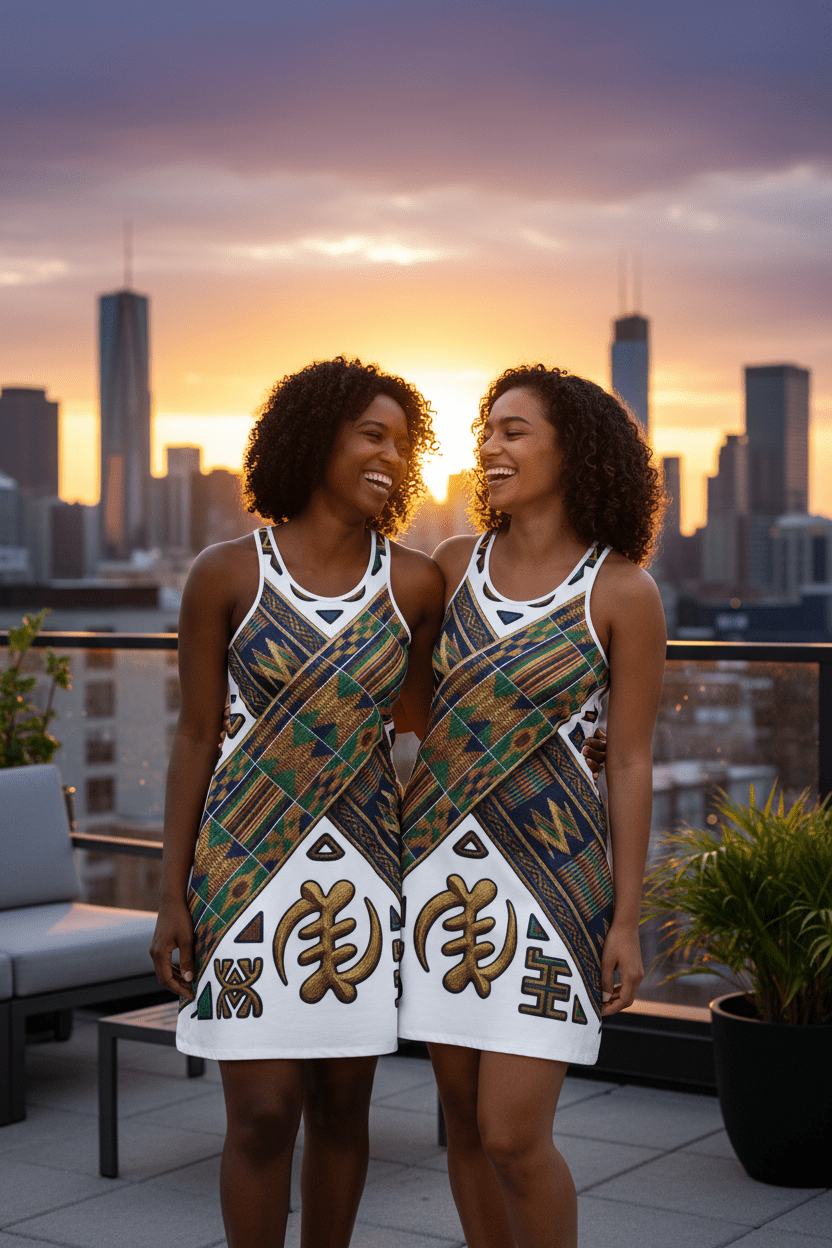 African Roots Racerback Dress – Ancestral Motif All - Over Print Cultural Heritage DressEmber Spirit Apparel