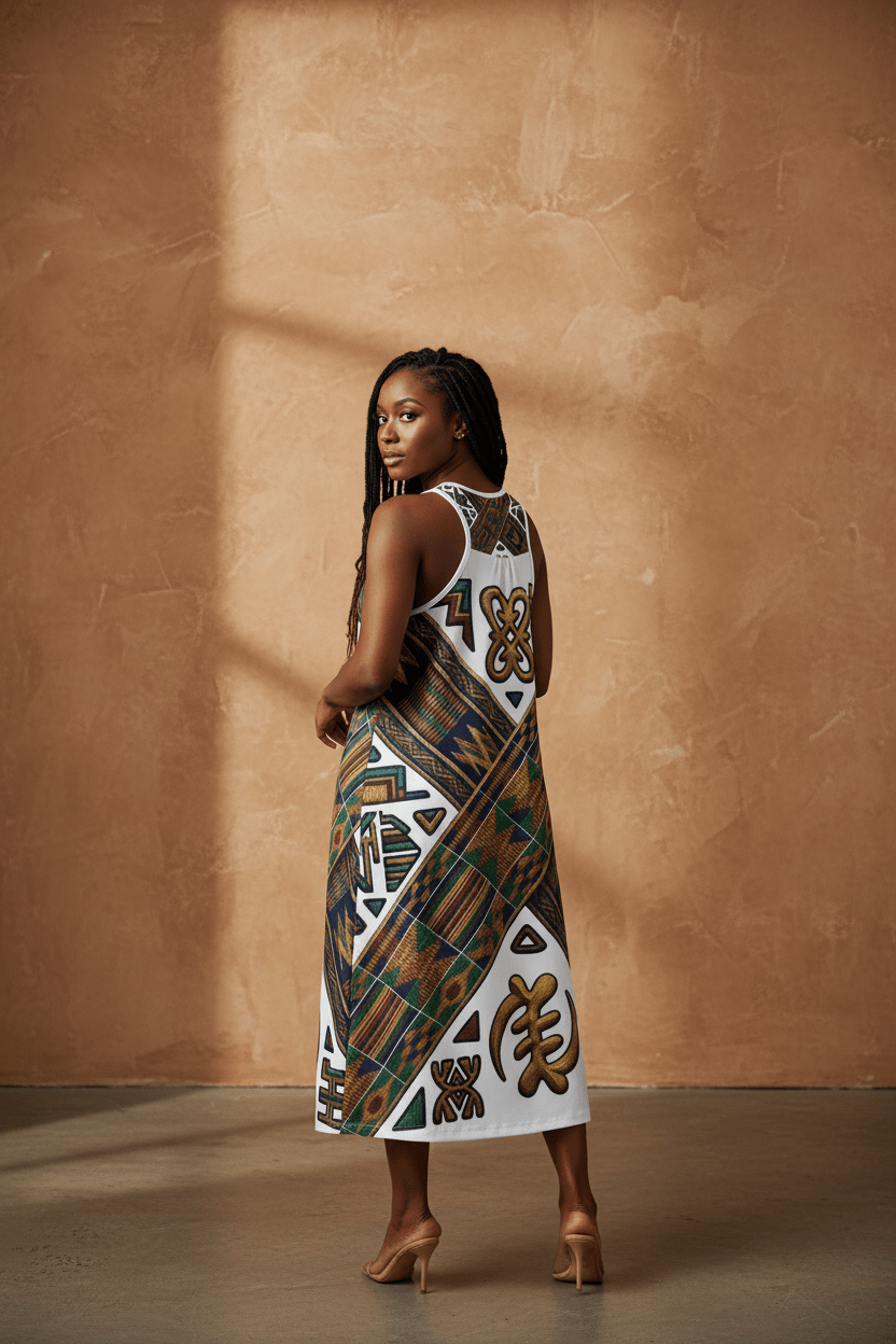 African Roots Racerback Dress – Ancestral Motif All - Over Print Cultural Heritage DressEmber Spirit Apparel