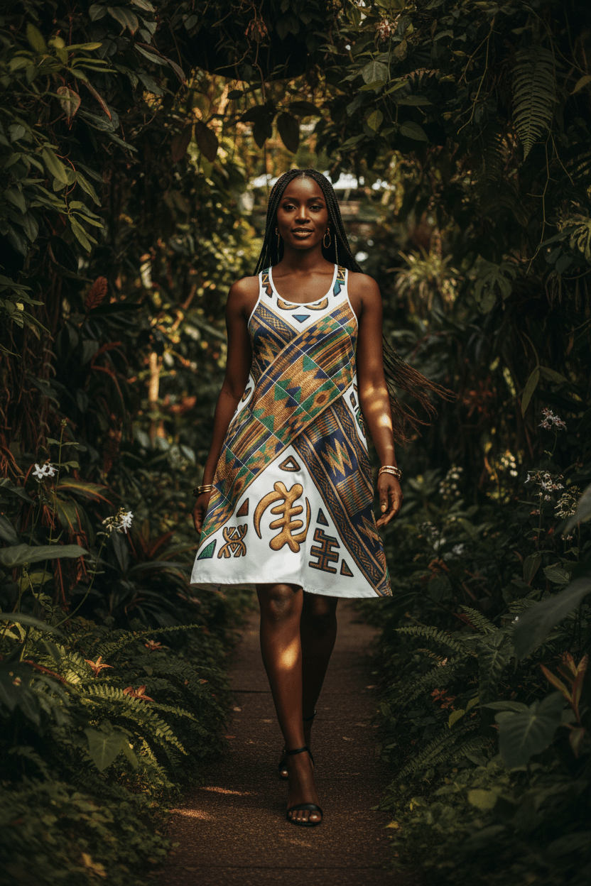 African Roots Racerback Dress – Ancestral Motif All - Over Print Cultural Heritage DressEmber Spirit Apparel