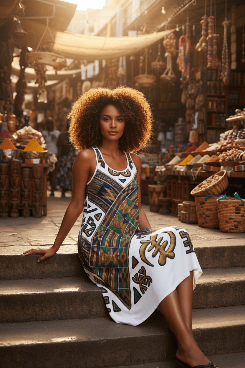 African Roots Racerback Dress – Ancestral Motif All - Over Print Cultural Heritage DressEmber Spirit Apparel