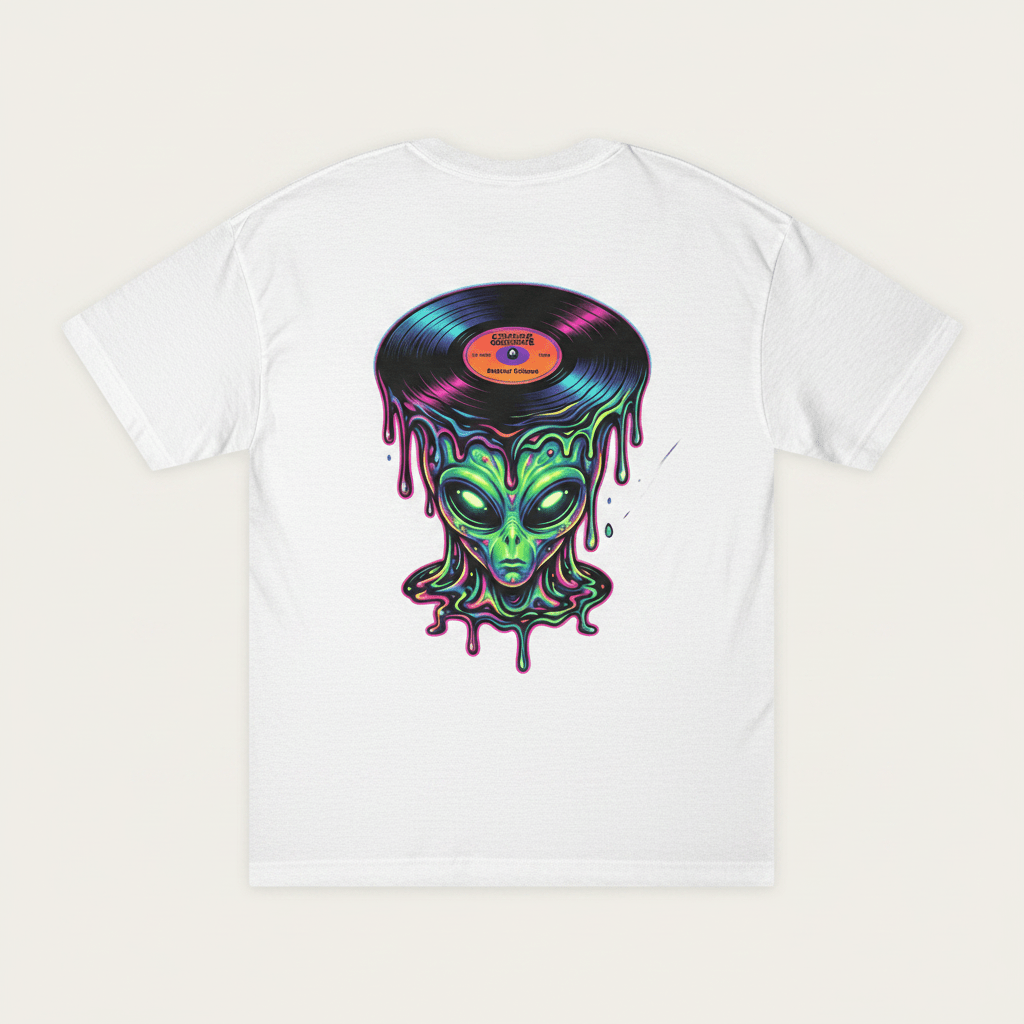 Alien Vinyl Tee — Retro Dripping Record Alien Graphic T-ShirtEmber Spirit Apparel