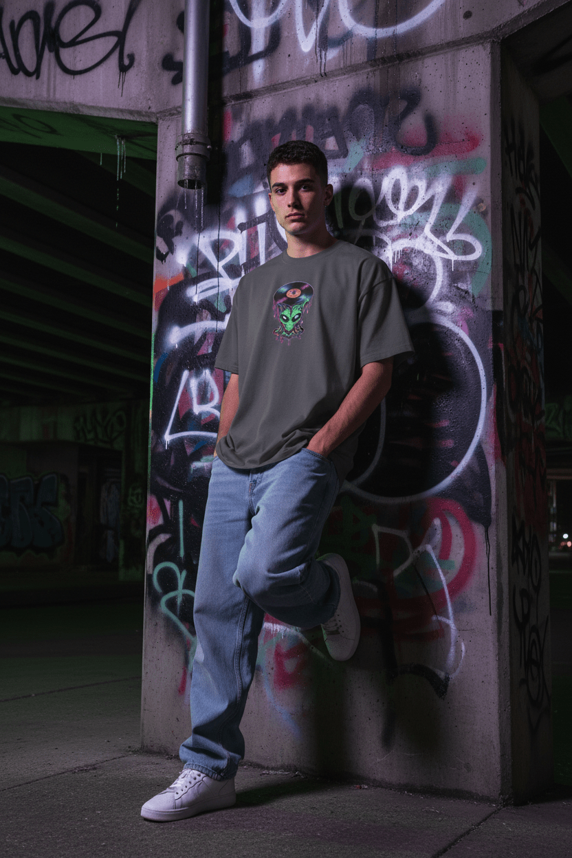 Alien Vinyl Tee side view — medium-weight cotton with ribbed collar detail front moc up wall