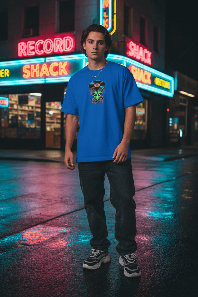 Alien Vinyl Tee front — neon green alien with dripping vinyl record chest print moc up