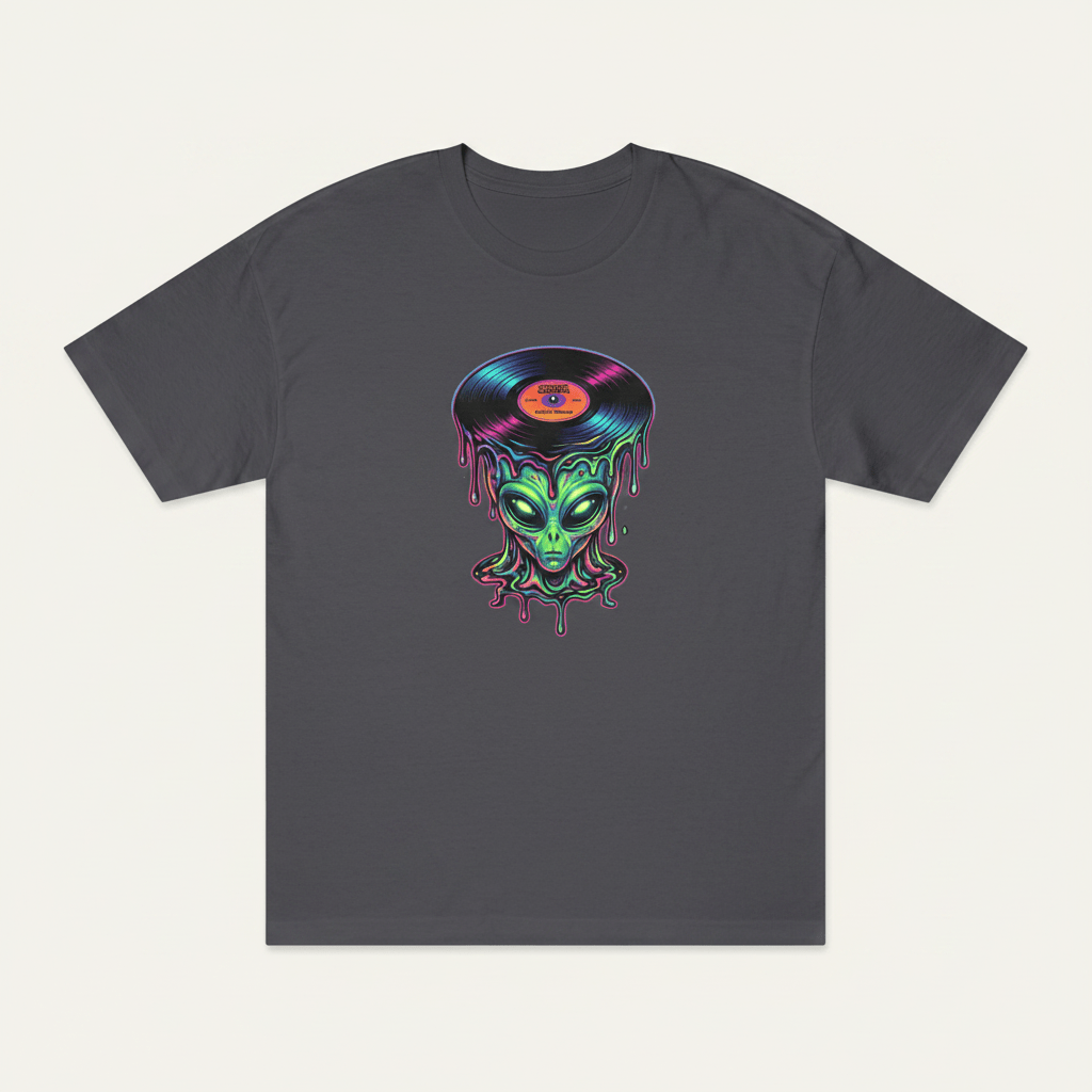 Alien Vinyl Tee — Retro Dripping Record Alien Graphic T-ShirtEmber Spirit Apparel