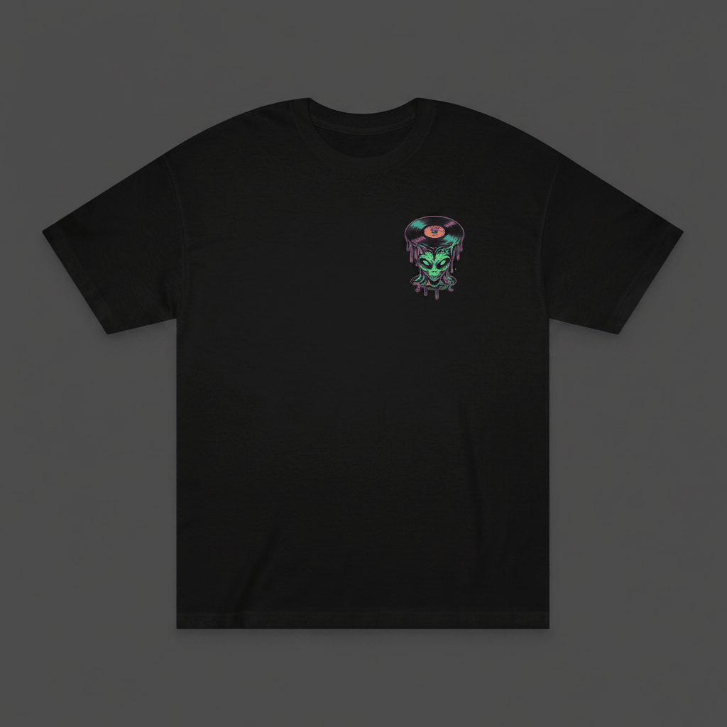 Alien Vinyl Tee — Retro Dripping Record Alien Graphic T-ShirtEmber Spirit Apparel
