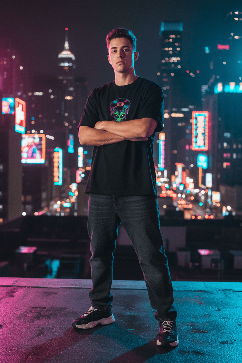 Alien Vinyl Tee flat lay — dripping record alien graphic streetwear tee