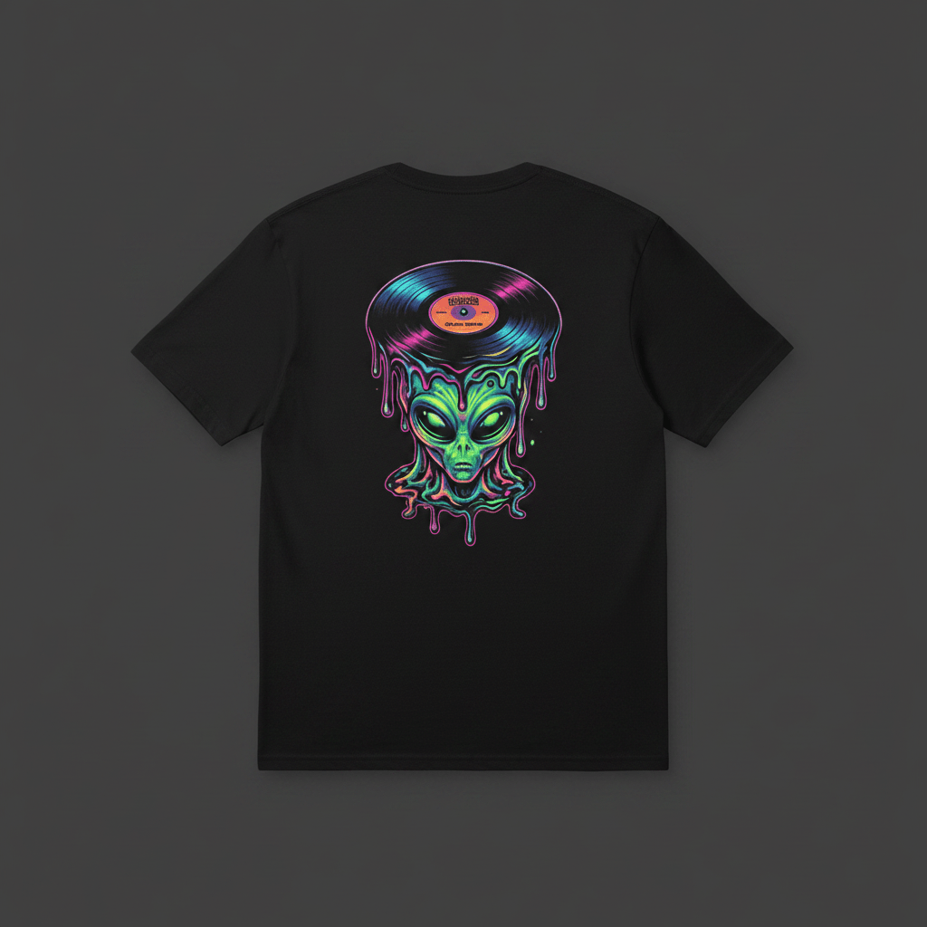 Alien Vinyl Tee — Retro Dripping Record Alien Graphic T-ShirtEmber Spirit Apparel