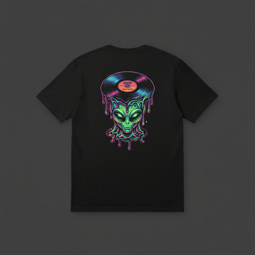 Alien Vinyl Tee — Retro Dripping Record Alien Graphic T-ShirtEmber Spirit Apparel