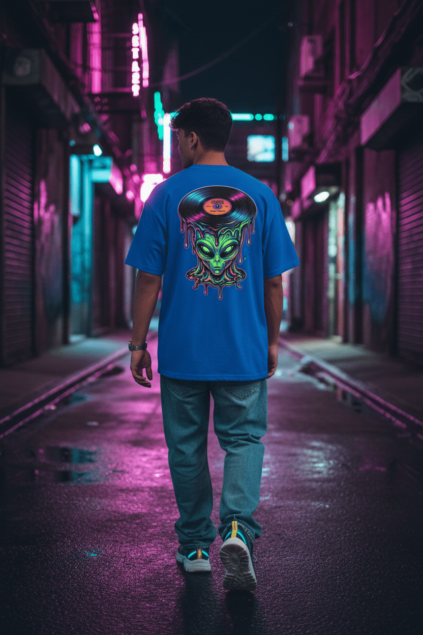Alien Vinyl Tee back — bold retro alien record graphic on black cotton tee walk away moc up