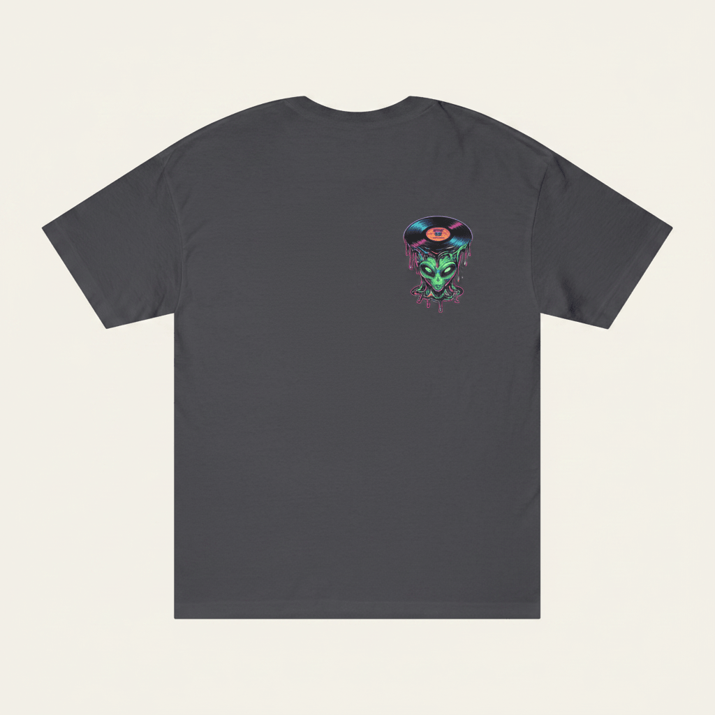 Alien Vinyl Tee — Retro Dripping Record Alien Graphic T-ShirtEmber Spirit Apparel