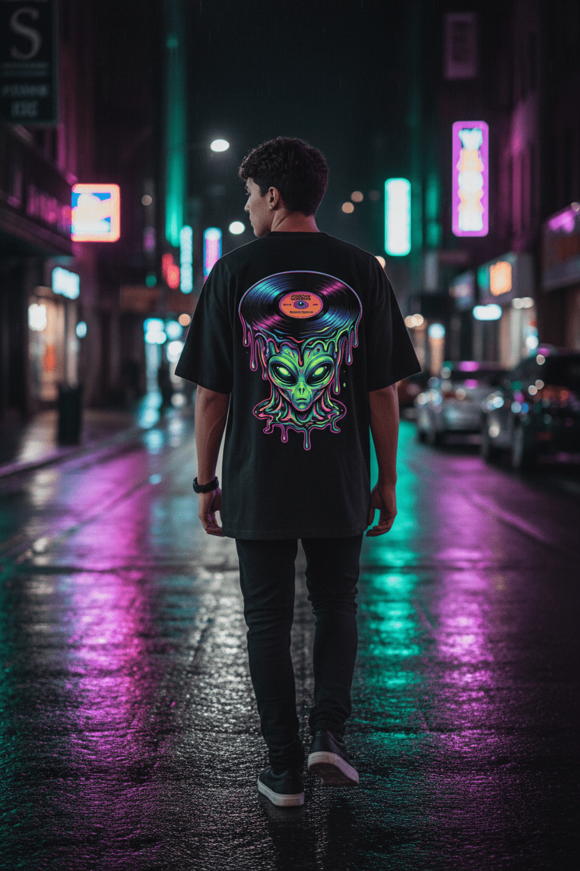 Alien Vinyl Tee close-up — vivid DTG neon alien print on black fabric