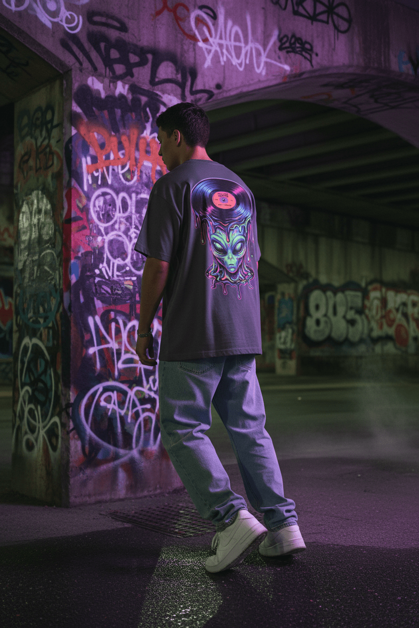 Alien Vinyl Tee worn — retro alien graphic tee styled for music lovers