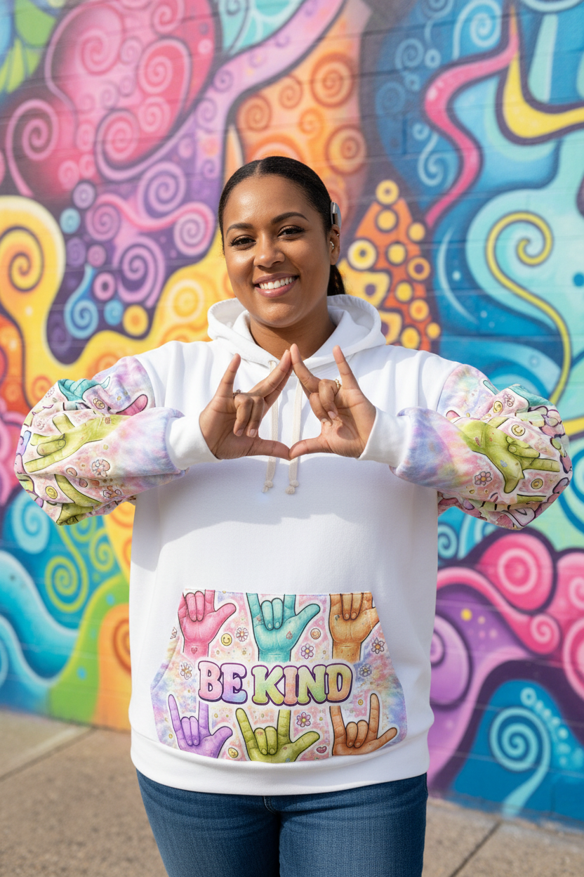 ASL "I Love You" So Be Kind Hoodie – Deaf Culture Awareness All-Over Print Unisex SweatshirtEmber Spirit Apparel
