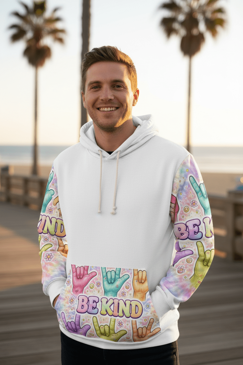ASL "I Love You" So Be Kind Hoodie – Deaf Culture Awareness All - Over Print Unisex SweatshirtEmber Spirit Apparel
