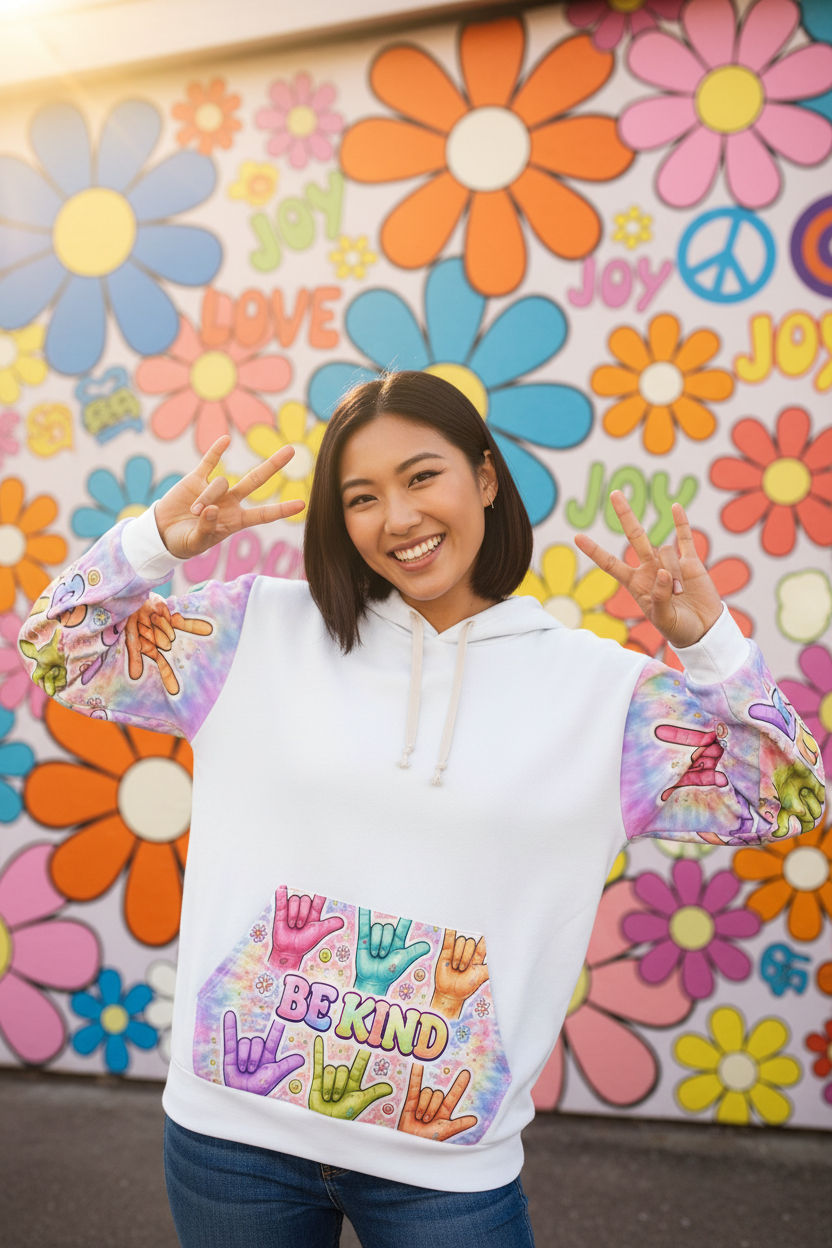 ASL "I Love You" So Be Kind Hoodie – Deaf Culture Awareness All - Over Print Unisex SweatshirtEmber Spirit Apparel