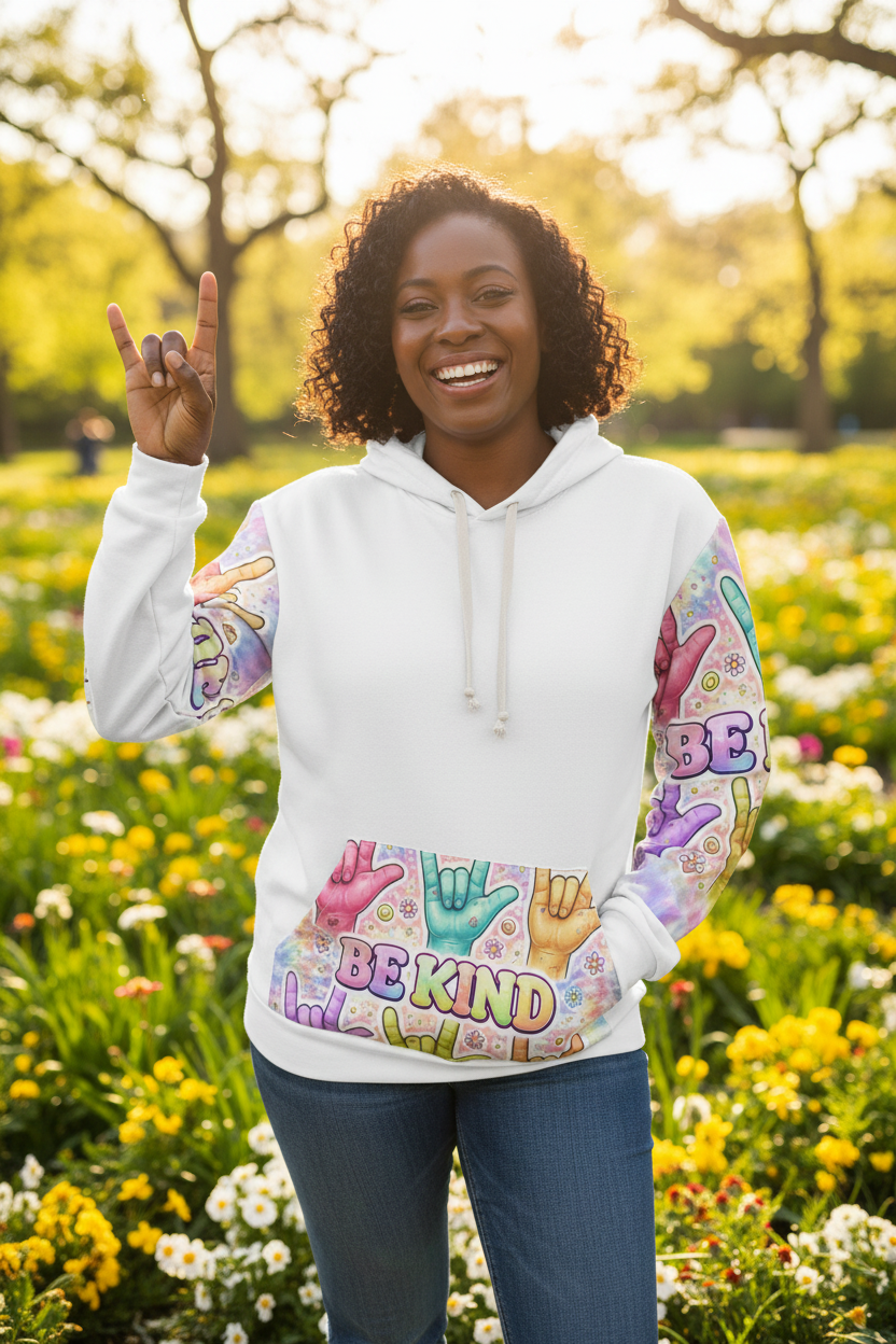 ASL "I Love You" So Be Kind Hoodie – Deaf Culture Awareness All - Over Print Unisex SweatshirtEmber Spirit Apparel