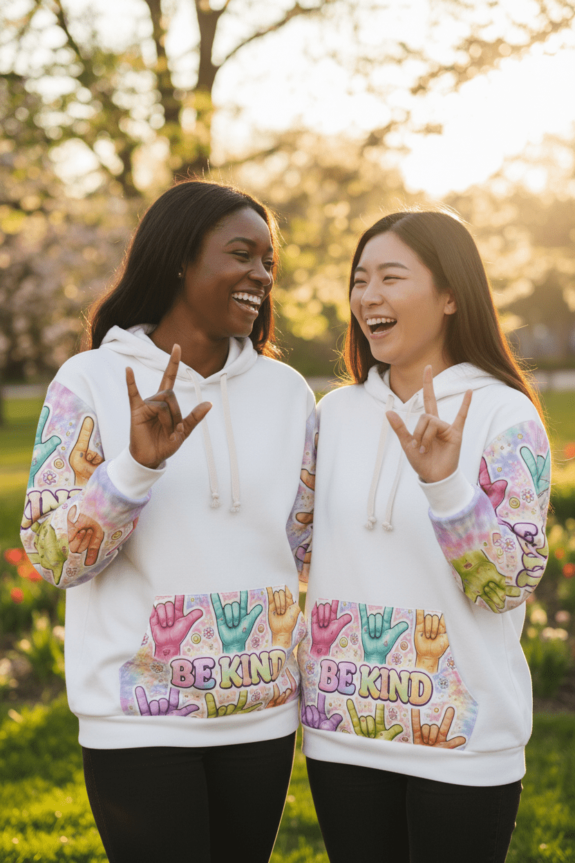 ASL "I Love You" So Be Kind Hoodie – Deaf Culture Awareness All - Over Print Unisex SweatshirtEmber Spirit Apparel