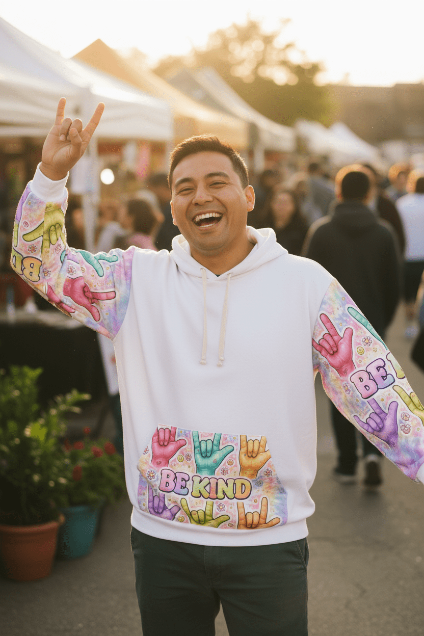 ASL "I Love You" So Be Kind Hoodie – Deaf Culture Awareness All - Over Print Unisex SweatshirtEmber Spirit Apparel
