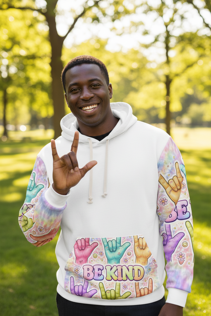 ASL "I Love You" So Be Kind Hoodie – Deaf Culture Awareness All - Over Print Unisex SweatshirtEmber Spirit Apparel