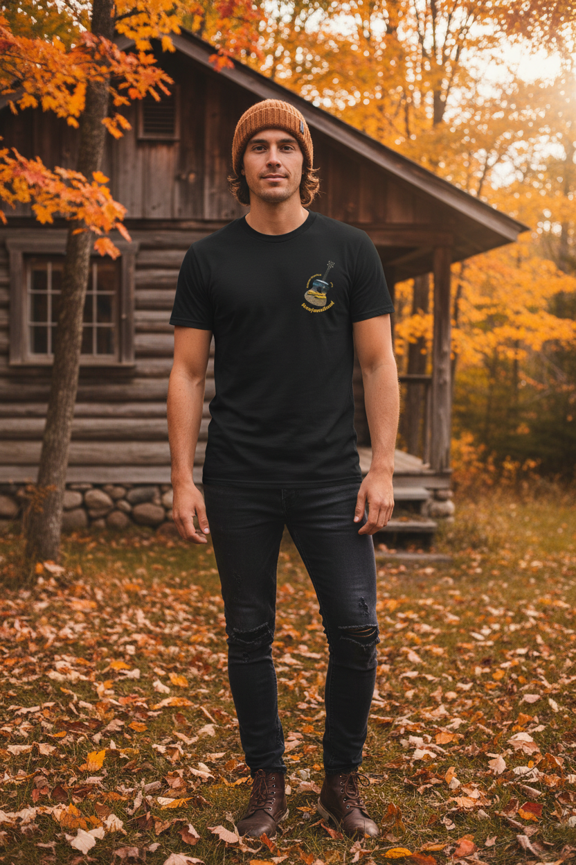 Autumn Cabin Flatwater Park Newfoundland T-Shirt — Unisex Heavy Cotton Tee, Front View | Ember Spirit Apparel"