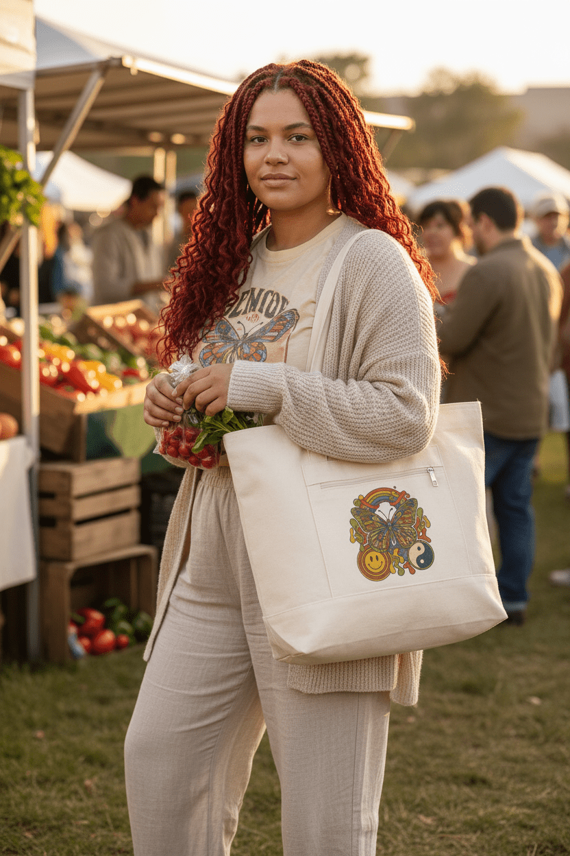 Boho Peace & Smile Canvas Tote — Zippered Eco Shopper with Rainbow & Yin Yang DesignEmber Spirit Apparel