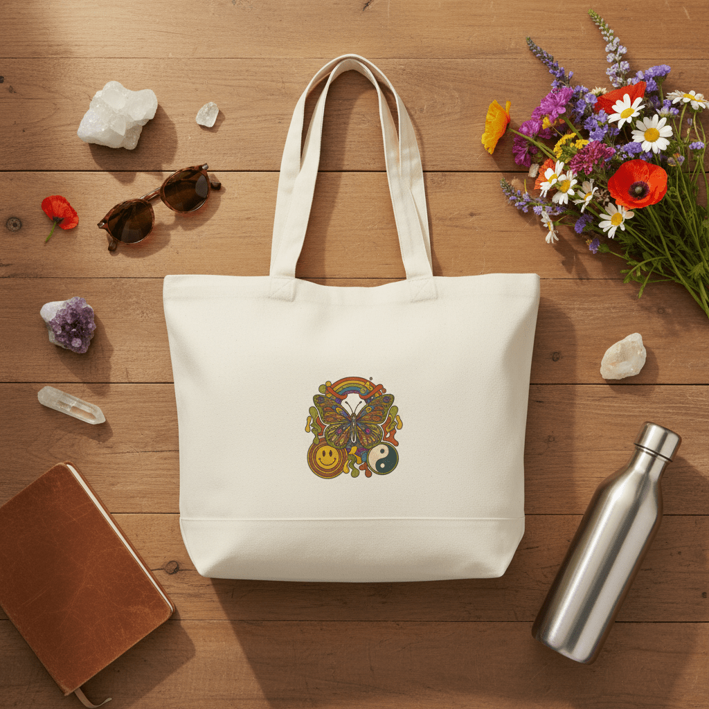 Boho Peace & Smile Canvas Tote — Zippered Eco Shopper with Rainbow & Yin Yang DesignEmber Spirit Apparel